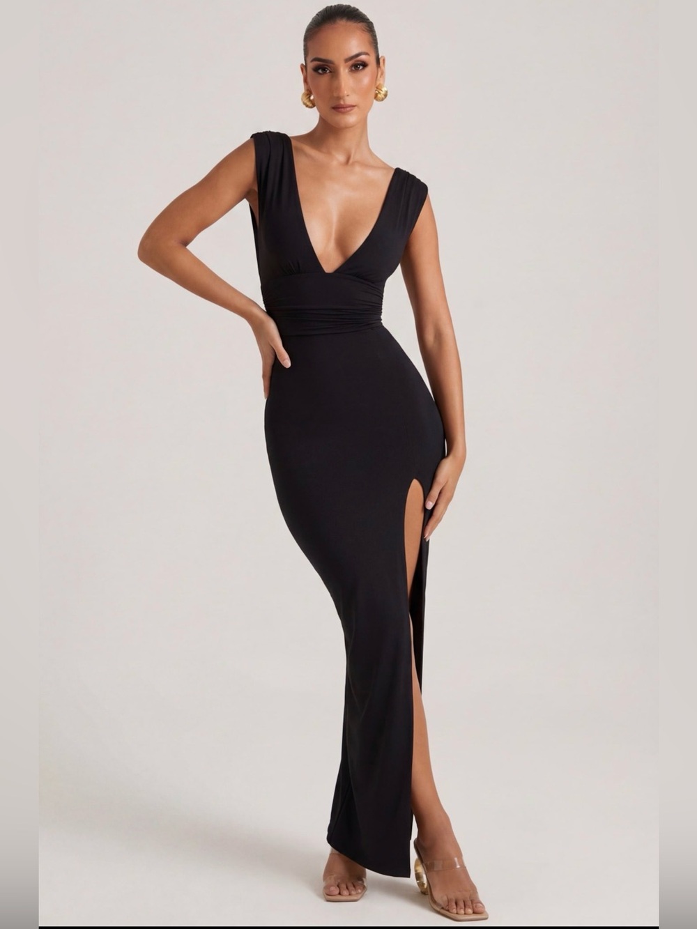 Oh Polly Sloane Black Plunge V-Neck Maxi Dress with High Side Slit